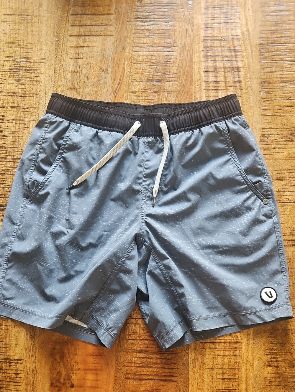 Vuori Slate Grey Active Shorts with Black Waistband And Drawstring